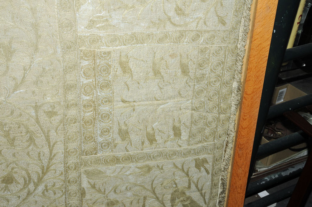 WITHDRAWN - A cream and gilt thread embroidered and fringed bedspread, with figures, - Image 10 of 19