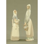 Two Lladro figurines, girl with lamb and girl with basket. Tallest 34 cm.