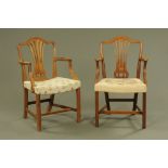 A pair of mahogany open armchairs, with pierced splat backs,