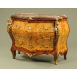 A Louis XV style walnut and Kingwood veneered commode chest of drawers,
