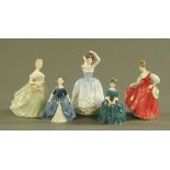 Five Royal Doulton figurines, HN2742 Sheila, HN2382 Fair Lady (red), HN2345 Clarissa,