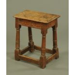 An 18th century oak joint stool, the top initialled R.L.
