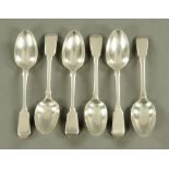 Six London silver fiddle pattern dessert spoons, two London 1828, one 1830, one 1814,