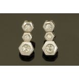 A pair of 18 ct white gold diamond hexagonal drop earrings, total diamond weight +/- 0.51 ct.