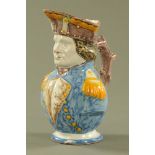 A 19th century French Faience puzzle jug, depicting an Admiral. Height 25 cm.