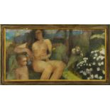 An oil painting on canvas overboard depicting a nude female figure in garden. 52 cm x 103 cm.