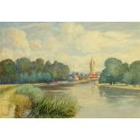 J Milne (British 20th century), watercolour river scene with church, signed. 33 cm x 37 cm.