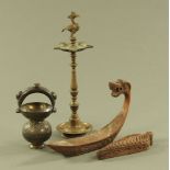 An Oriental bronze fat lamp, together with a carved make up box,