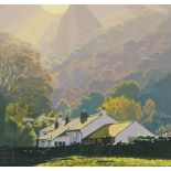 Patrick Cremer, acrylic on canvas "Cumbrian Farmhouse Beneath the Fells", 40 cm x 40 cm, signed.