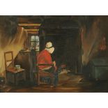 A 19th century oil painting on canvas, lady seated by fire. 43 cm x 60 cm, framed.
