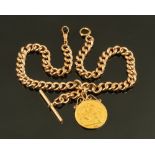 A 9 ct gold double Albert chain with swivel and 1887 gold £2 coin,