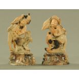 A pair of Chinese carved soapstone figures. Height 18.5 cm.