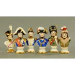 Six miniature continental porcelain busts, each of military figures including Ney, Exelmans,