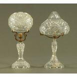 A cut glass table lamp with bowl shaped shade, and another with toadstool shaped shade.