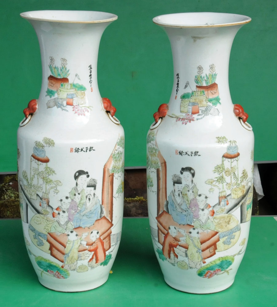 A large pair of Chinese polychrome vases, with numerous character marks and figures. - Image 8 of 13