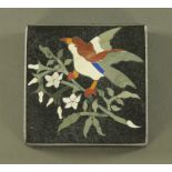 A Pietra Dura paperweight, bird on branch. 10 cm x 10 cm.