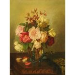 An oil painting on artist board, still life of roses in vase on table. 42 cm x 31 cm, framed.