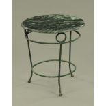 A marble topped conservatory table, with green painted wrought iron base,