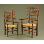 Two 19th century elm mother and child wool winder spindle back armchairs.