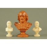 A terracotta portrait bust of Shakespeare, and two resin busts Hippocrates and Socrates.