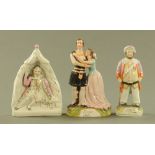 A Victorian Staffordshire figure Romeo and Juliet, together with Falstaff and Henry Irving.