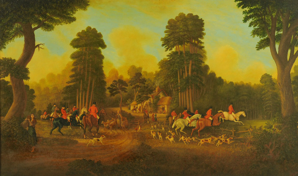 A modern oil painting on canvas of a hunting scene, 68 cm x 114 cm.