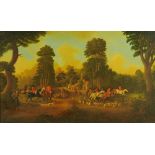 A modern oil painting on canvas of a hunting scene, 68 cm x 114 cm.
