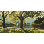 Patrick Cremer, acrylic on canvas, lake, trees and buildings, 30 cm x 61 cm, signed. ARR.