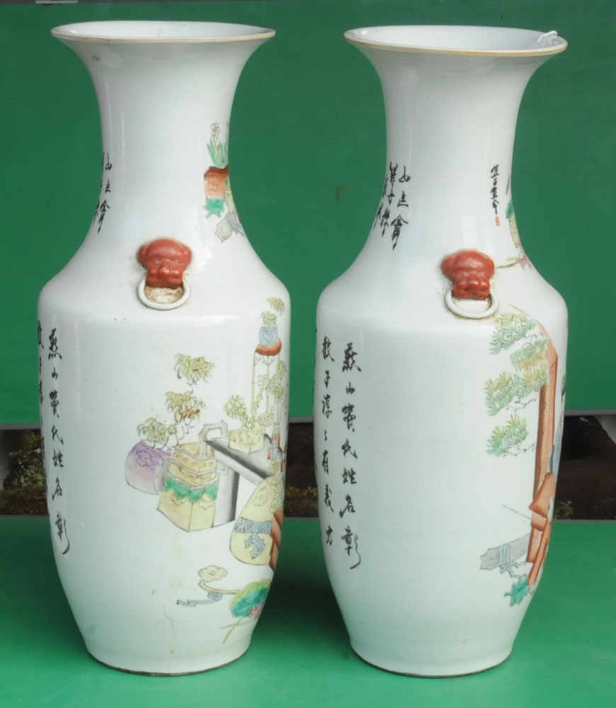 A large pair of Chinese polychrome vases, with numerous character marks and figures. - Image 11 of 13