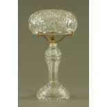 A cut glass table lamp with mushroom shaped shade. Height 50 cm, diameter 27 cm.