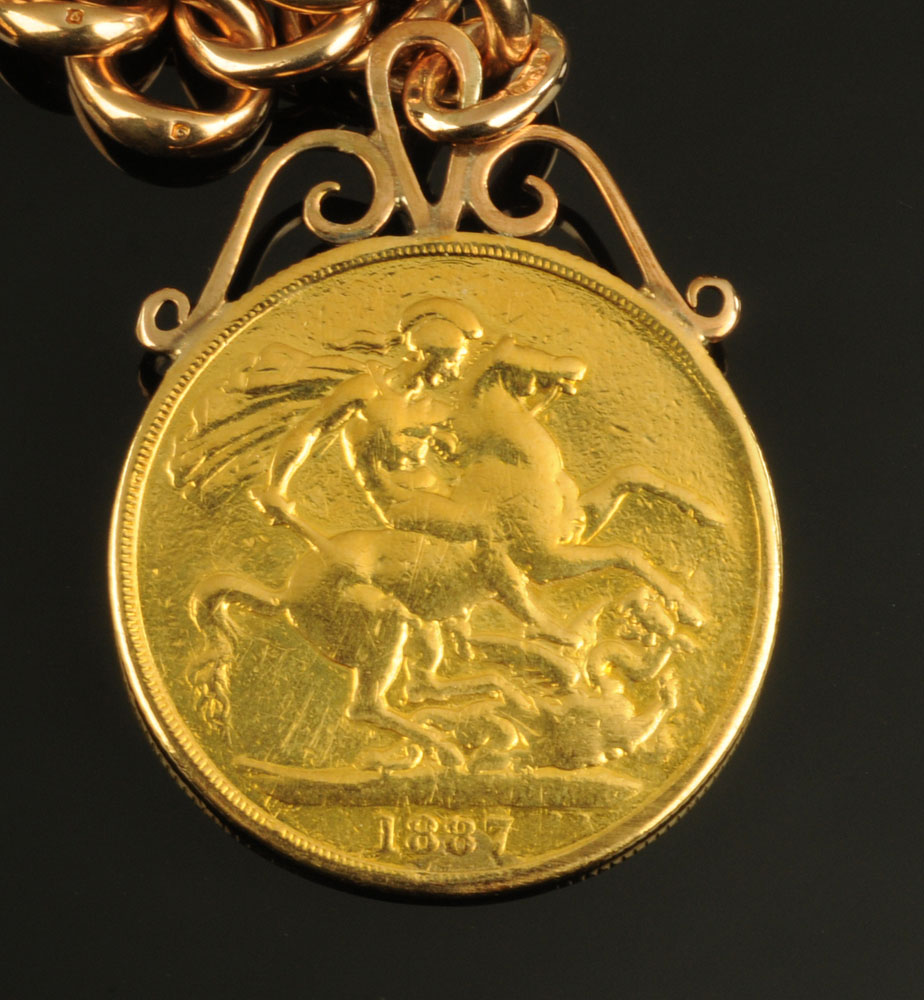 A 9 ct gold double Albert chain with swivel and 1887 gold £2 coin, - Image 3 of 3