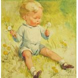 Lillian Hocknel, a watercolour of a child with dandelions, 33 cm x 32 cm, framed, signed.