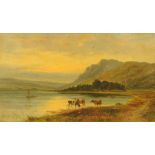 G Thornton (19th century Scottish School), oil on canvas cattle watering. 29 cm x 48.