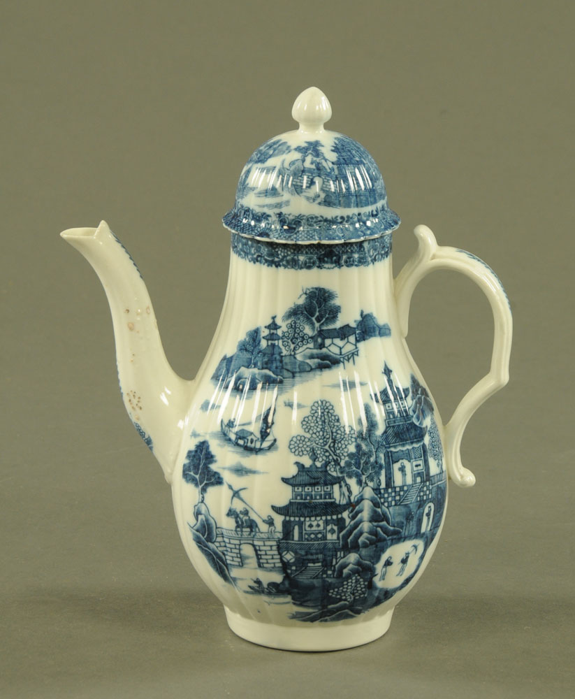 A Caughley temple pattern coffee pot and cover, with S mark to underside.