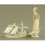 Two Lladro porcelain figures, figure with geese and three geese. Tallest 28 cm.