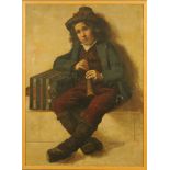 H Buffham, oil painting on board, young boy with pipes, 93 cm x 67.