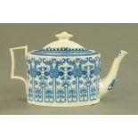 An oval pearl ware teapot, blue and white, circa 1810. Height 14 cm, length 23 cm.