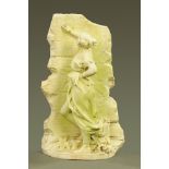 A marble garden ornament, draped female figure standing by a wall titled "Histoirs".