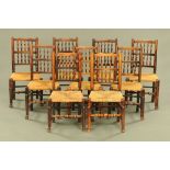 A matched set of nine 19th century rush seated spindle backed armchairs,