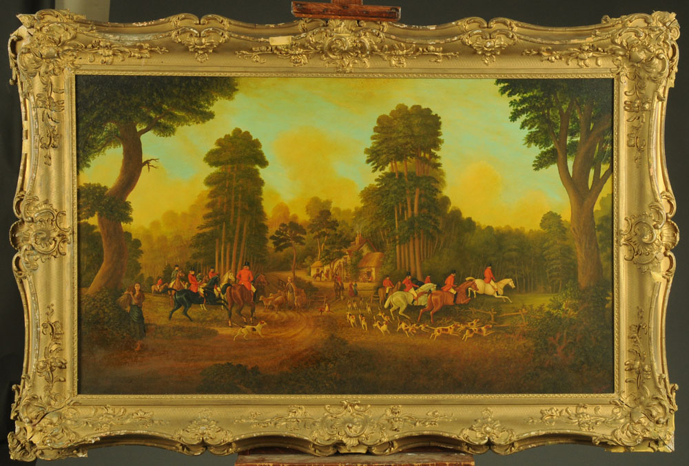 A modern oil painting on canvas of a hunting scene, 68 cm x 114 cm. - Image 2 of 3