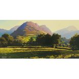 Patrick Cremer, acrylic on canvas "Long Shadows, Newlands Valley", 30 cm x 61 cm, signed.