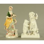 A Continental porcelain figure of a shepherdess with tambourine and lamb at foot,