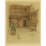 After Cecil Aldin, a print female figure with dog in courtyard, 42 cm x 34 cm,