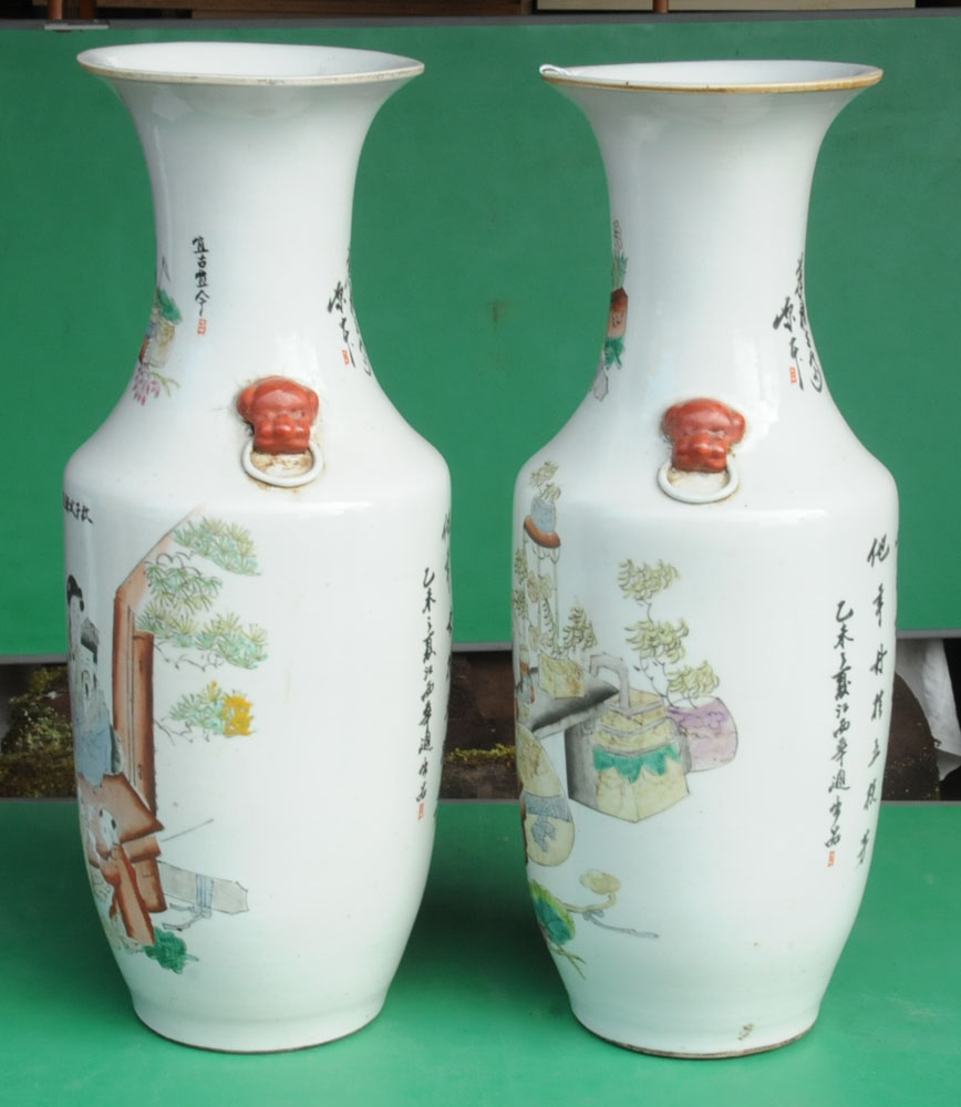 A large pair of Chinese polychrome vases, with numerous character marks and figures. - Image 9 of 13
