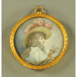 A circular portrait miniature, young girl with feathered bonnet and rose.