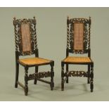 A pair of oak hall chairs, with carved top rails,