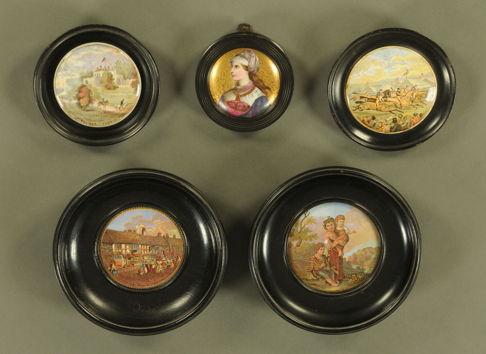 Four Victorian pot lids, Walmer Castle, Shakespeare's House and two others, all mounted,