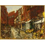 Noel Gibson (1928-2005), an oil painting on board "London East End Street", 90 cm x 121 cm.