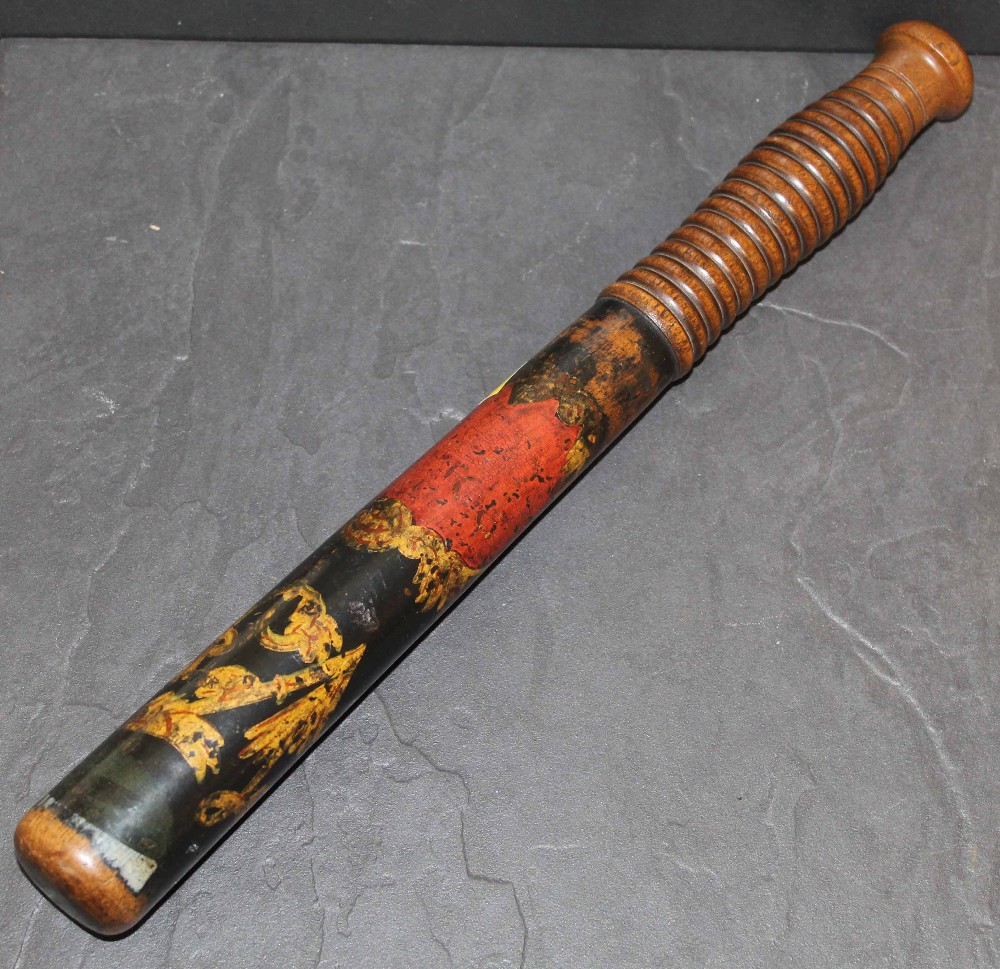 An early Victorian painted and turned wood truncheon decorated with V R Scyther on ebonised