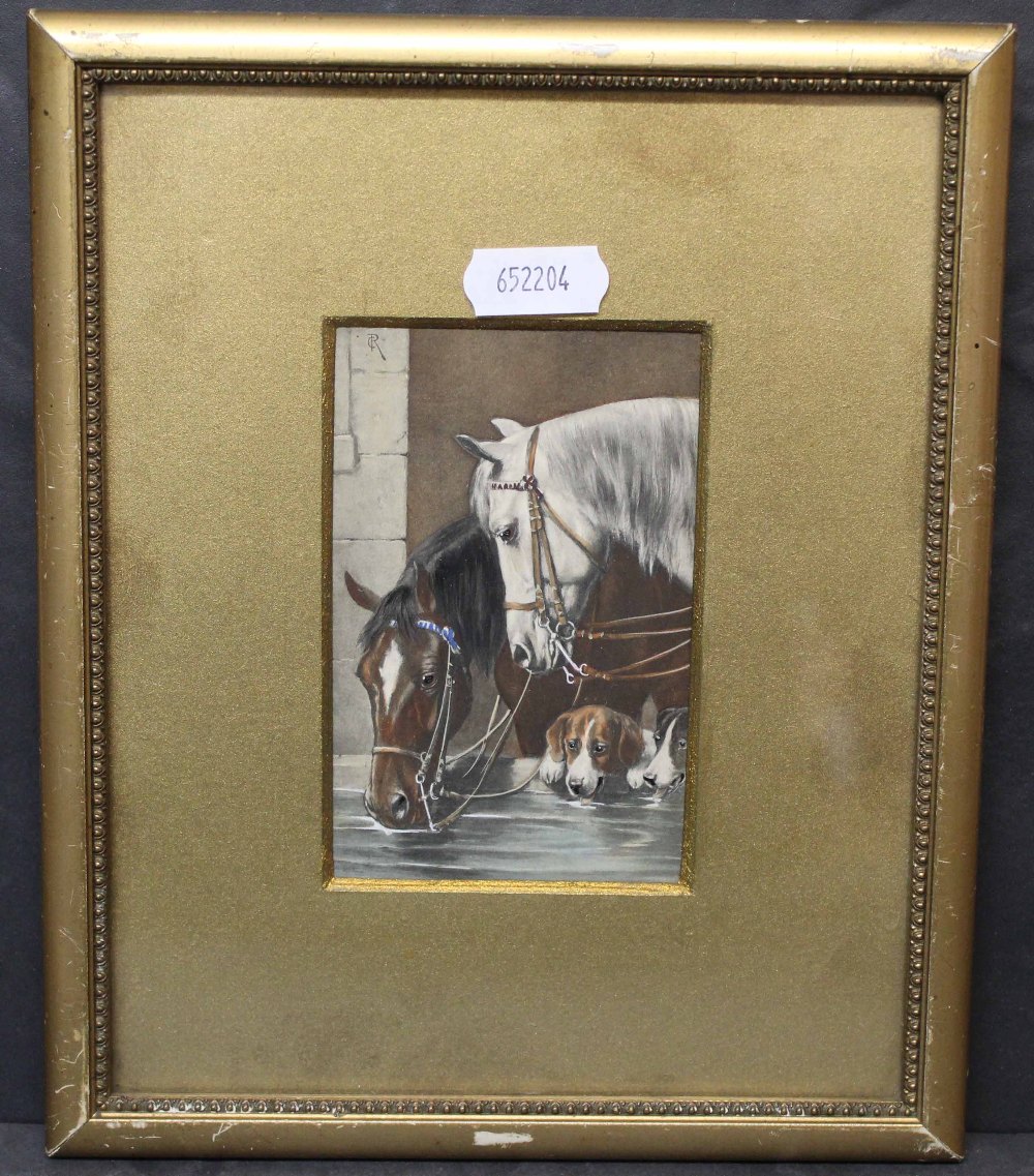 Three late Victorian coloured prints depicting dogs and horses each 10 x 7 cm in gilt frames and - Image 2 of 3